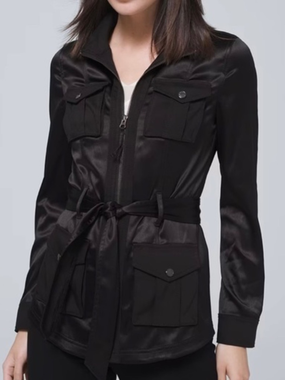 White House Black Market WHBM Satin Luster Utility Safari Jacket Tie Belt Zip Up